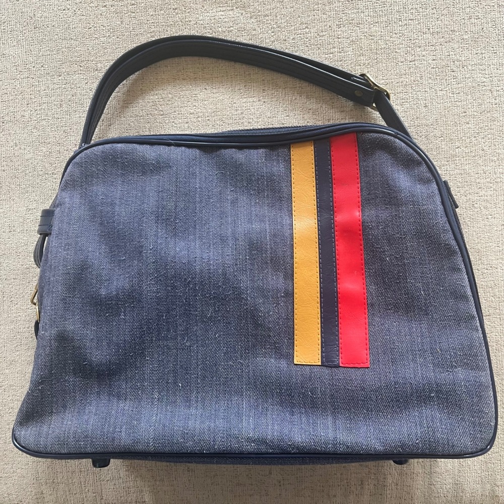 Vintage Denim Duffle Bag Blue with Yellow Red Navy Racing Stripes Travel Tote